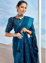 Titillating Printed Georgette Navy Blue Saree