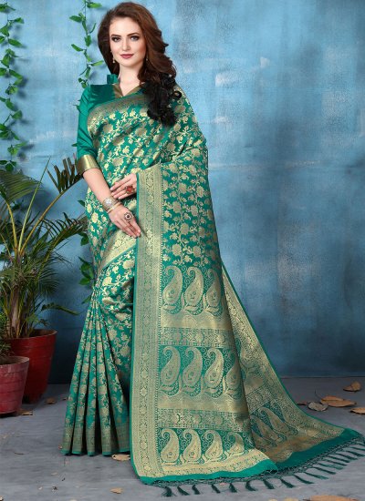 Titillating Weaving Green Art Banarasi Silk Traditional Designer Saree