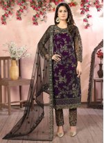 Topnotch Embroidered Black and Purple Net Pant Style Suit