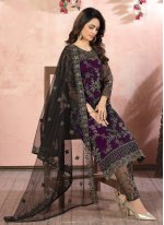Topnotch Embroidered Black and Purple Net Pant Style Suit