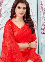 Traditional Designer Saree Embroidered Net in Red