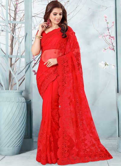 Traditional Designer Saree Embroidered Net in Red
