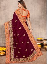 Traditional Designer Saree Embroidered Satin in Wine