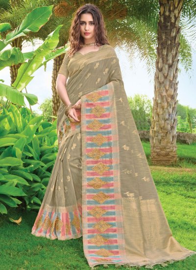 Traditional Designer Saree Embroidered Silk in Beige