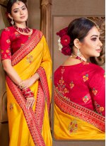 Traditional Designer Saree Embroidered Silk in Yellow