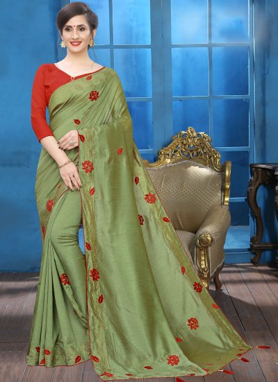Traditional Designer Saree Patch Border Silk in Green