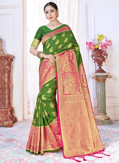 Traditional Designer Saree Woven Art Banarasi Silk in Green