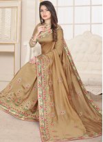 Traditional Saree Embroidered Fancy Fabric in Beige