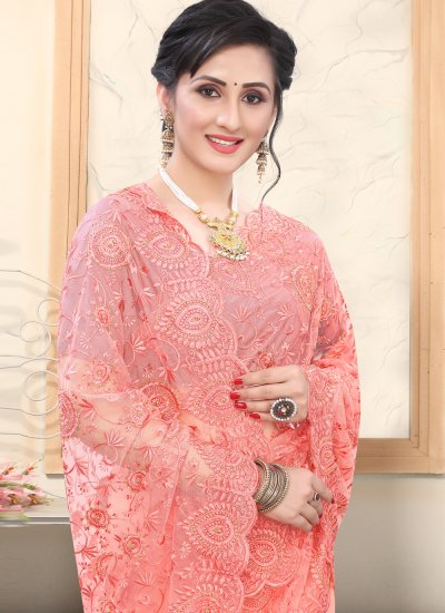 Traditional Saree Embroidered Net in Rose Pink