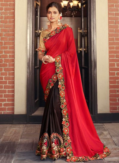 Traditional Saree Embroidered Silk in Brown and Orange