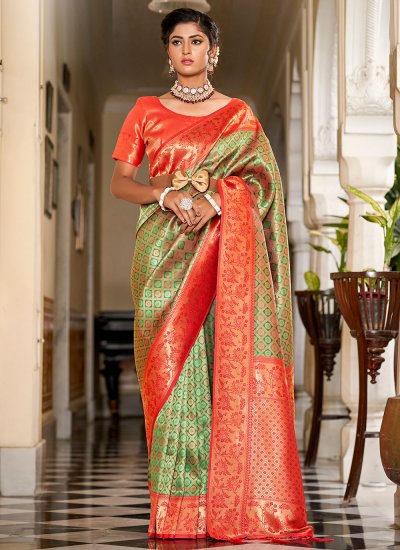 Traditional Saree Jacquard Work Banarasi Silk in Green and Orange