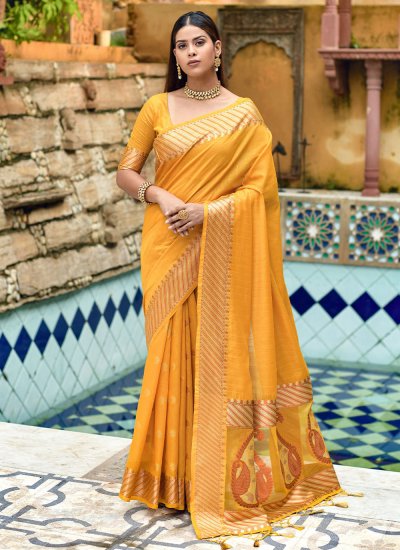 Traditional Saree Weaving Cotton Silk in Yellow