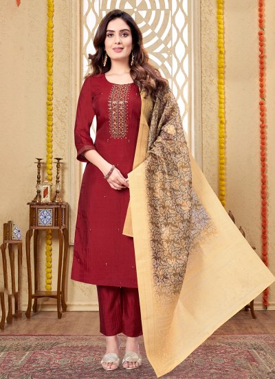 Transcendent Embroidered Maroon Silk Long Length Salwar Suit