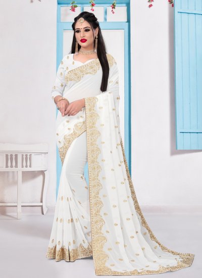 Transcendent Georgette White Embroidered Bollywood Saree
