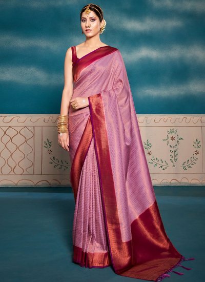 Transcendent Kanjivaram Silk Pink Woven Designer Saree