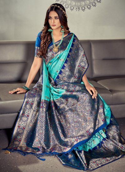 Transcendent Satin Silk Designer Turquoise Trendy Saree