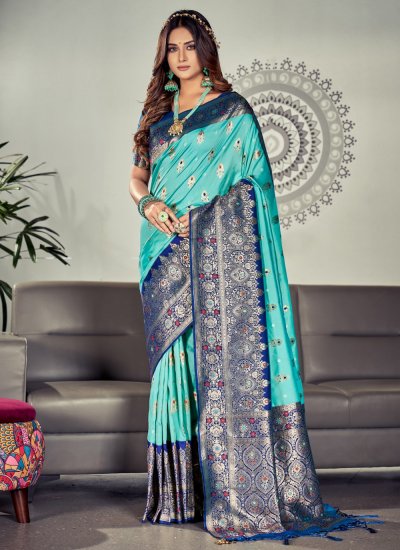 Transcendent Satin Silk Designer Turquoise Trendy Saree