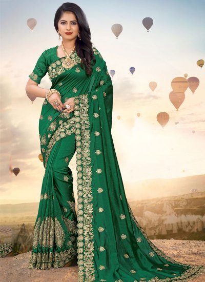 Transcendent Silk Embroidered Green Designer Saree