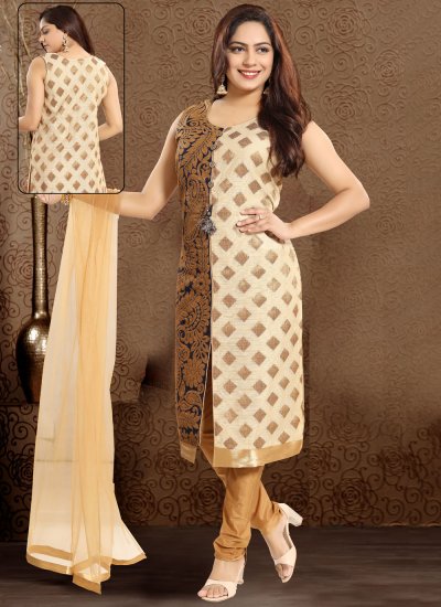 Transcendent Weaving Cream Banarasi Silk Readymade Salwar Suit