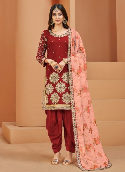 Trendy Art Silk Red Mirror Designer Salwar Kameez