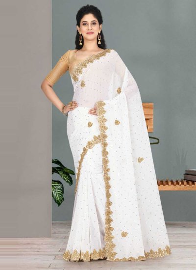 Trendy Embroidered Faux Georgette Off White Traditional Saree