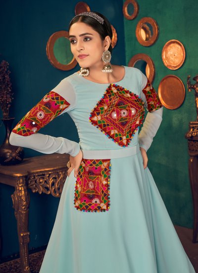 Trendy Embroidered Georgette Aqua Blue Floor Length Gown