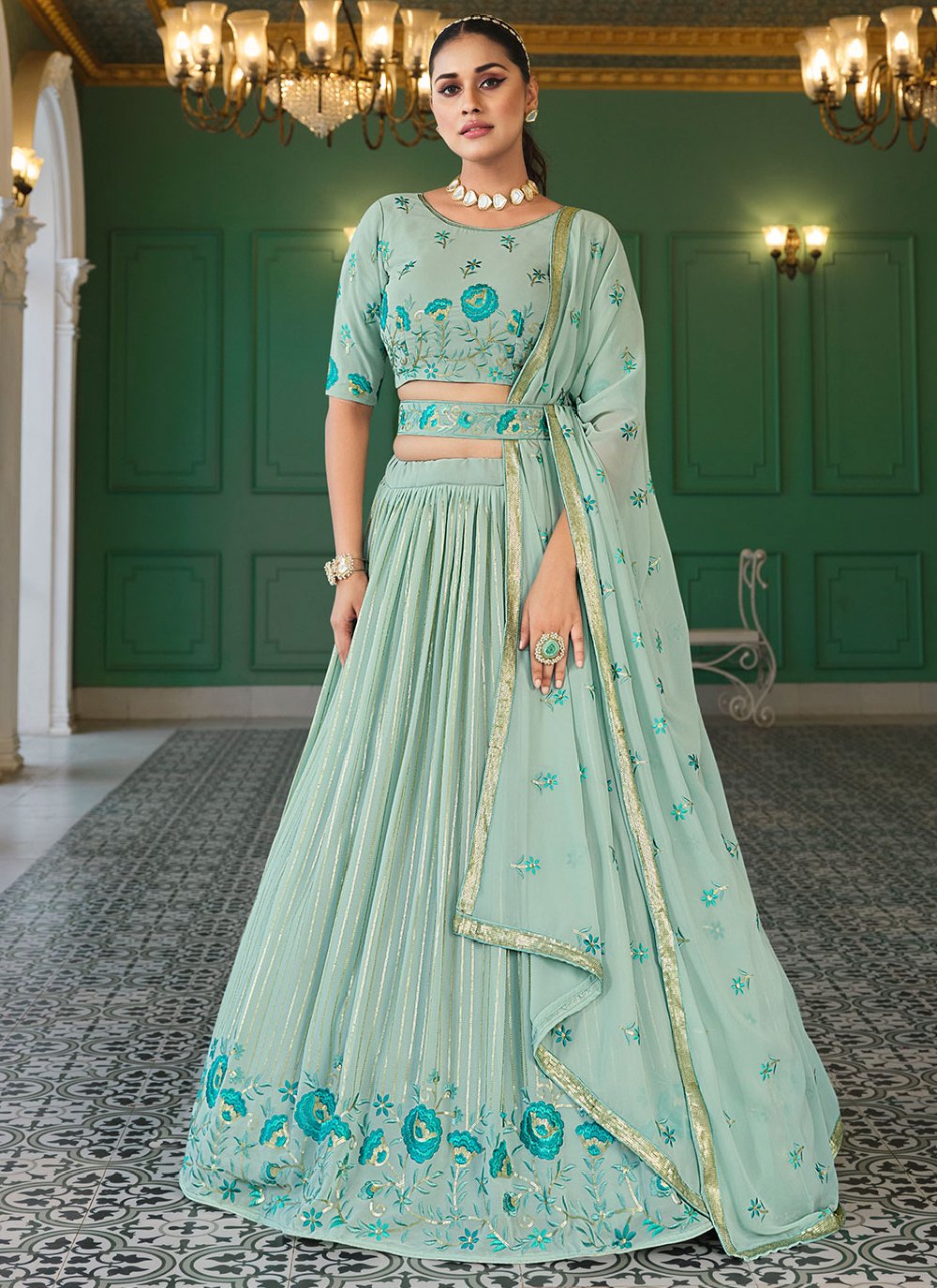 Pakistani wedding lehenga, Blue banglori silk chaniya choli-dmv10065