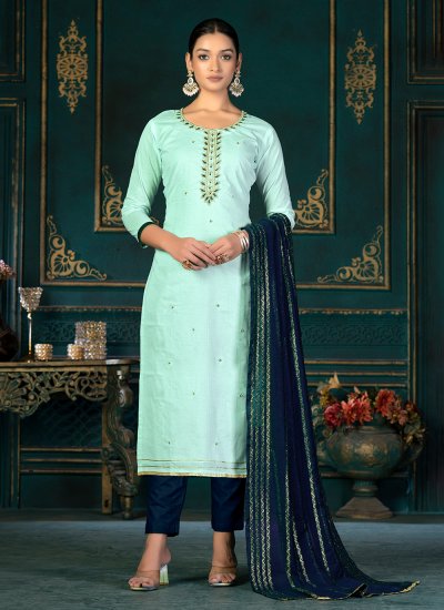 Trendy Salwar Kameez Embroidered Cotton in Aqua Blue