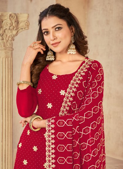 Trendy Salwar Suit Embroidered Georgette in Red