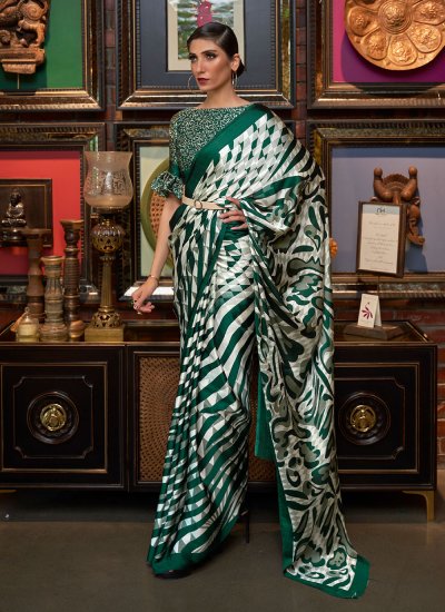 Trendy Saree Abstract Print Faux Crepe in Off White