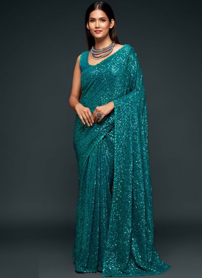 Trendy Saree Sequins Faux Georgette in Rama