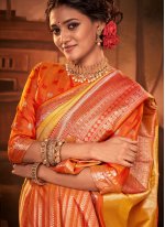 Trendy Saree Weaving Kanchipuram Silk in Orange and Yellow