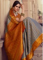 Trendy Saree Weaving Silk in Grey and Orange