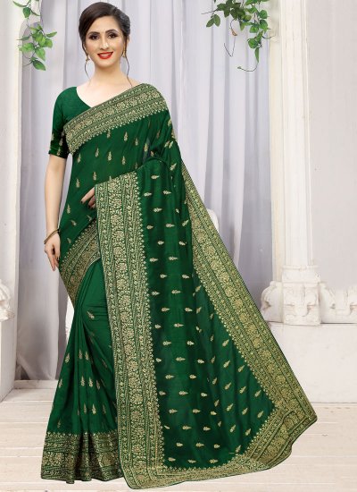 Trendy Silk Green Embroidered Traditional Saree