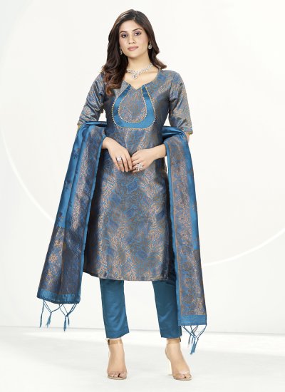 Trendy Suit Woven Banarasi Silk in Firozi