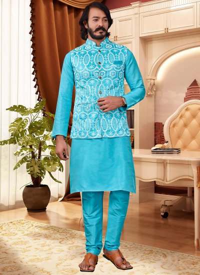Turquoise Art Silk Kurta Payjama With Jacket