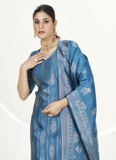 Turquoise Banarasi Silk Woven Straight Salwar Kameez