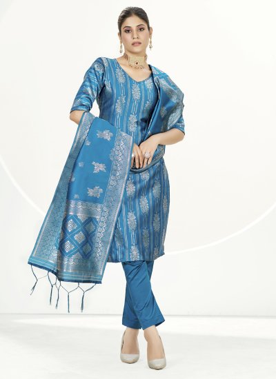 Turquoise Banarasi Silk Woven Straight Salwar Kameez