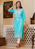 Turquoise Cotton Embroidered Salwar Suit