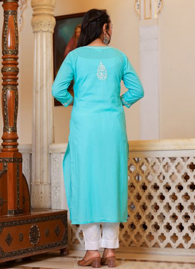 Turquoise Cotton Embroidered Salwar Suit
