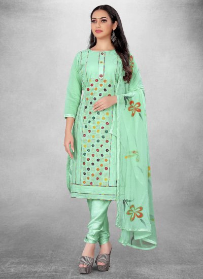 Turquoise Cotton Printed Churidar Salwar Kameez