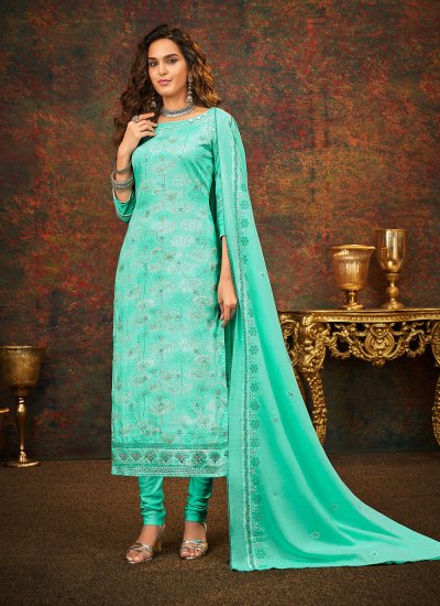Turquoise Cotton Satin Embroidered Churidar Designer Suit
