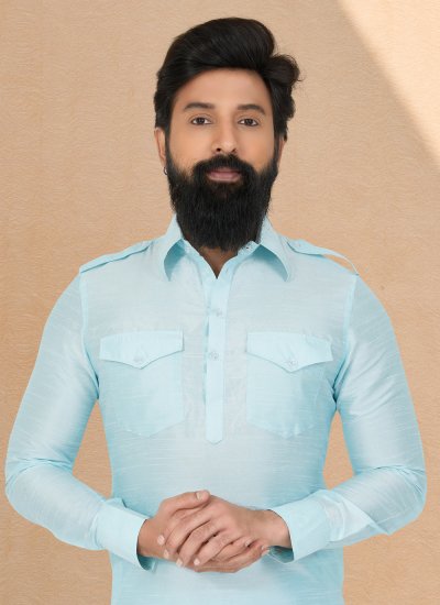 Turquoise Dupion Silk Plain Kurta Pyjama