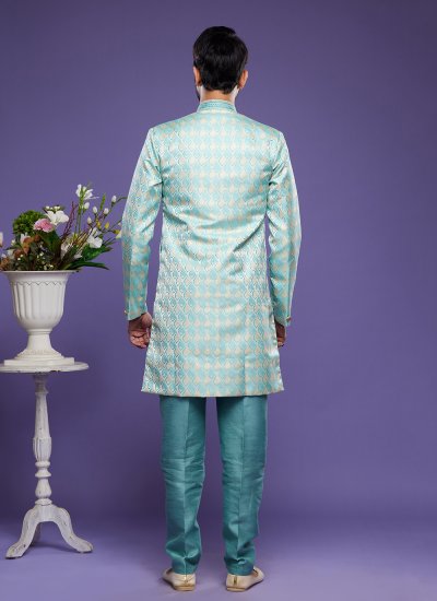 Turquoise Embroidered Banarasi Jacquard Indo Western