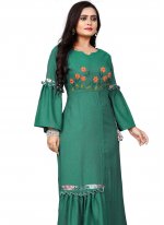 Turquoise Embroidered Casual Kurti