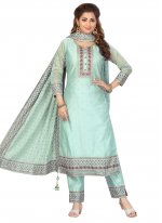 Turquoise Embroidered Readymade Designer Suit