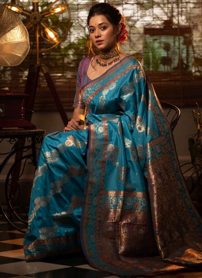 Turquoise Engagement Banarasi Silk Trendy Saree