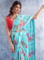 Turquoise Floral Print Trendy Saree