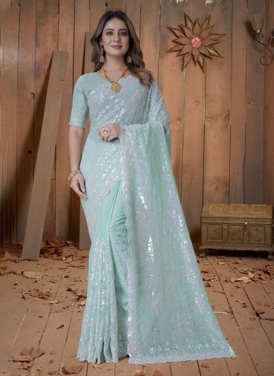 Turquoise Georgette Party Classic Saree