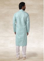 Turquoise Handloom Cotton Engagement Kurta Pyjama